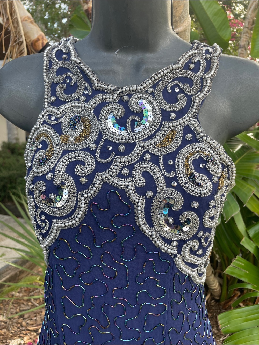 pure silk silver and gold beaded vintage 80s Lawrence guitar dress